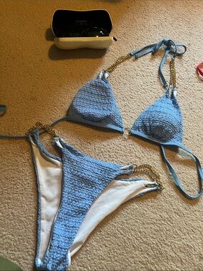 Light Blue Crochet Bikini with Gold Chain Accents
